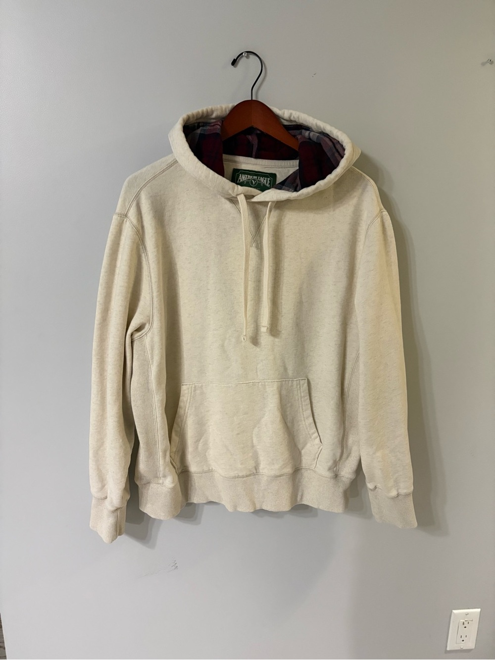American Eagle Outfitters Cream Hoodie with Red Plaid Lined Hood